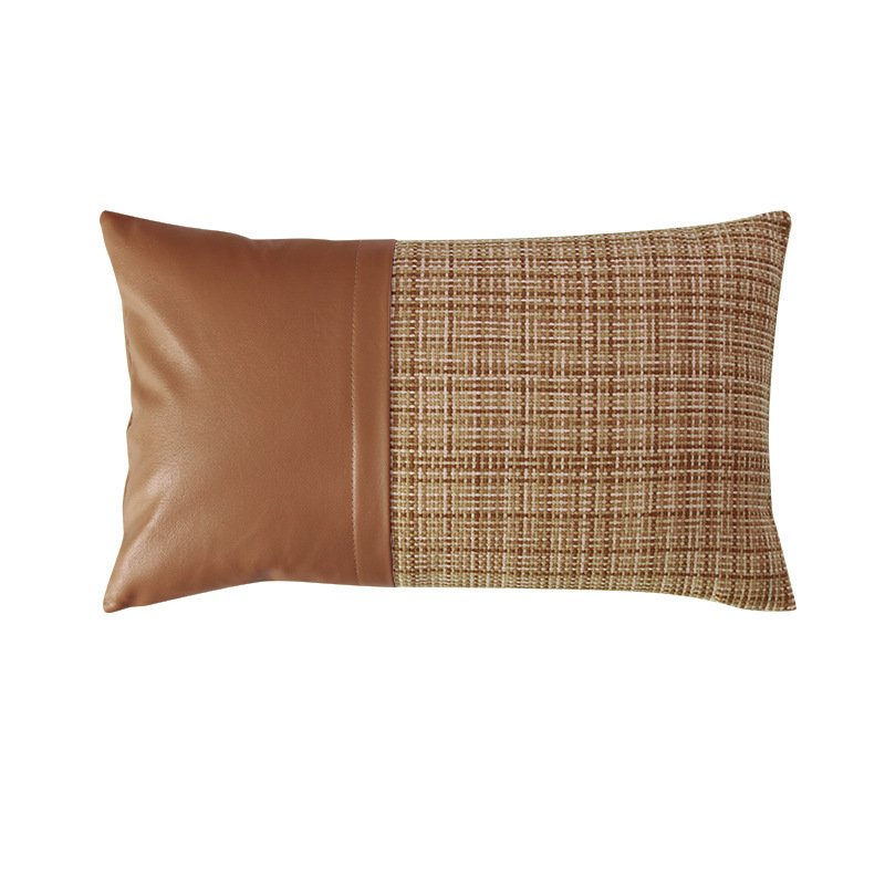stripe genuine leather pillowcase 100% poly jacquard Fabric And Leather Splice Pillow Covers New Styles