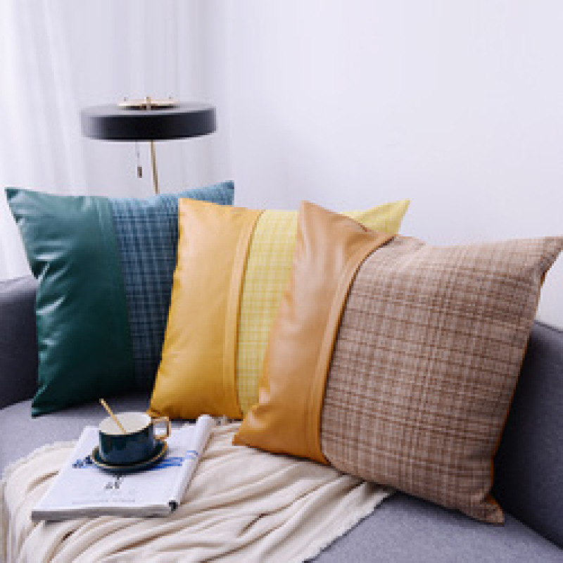 stripe genuine leather pillowcase 100% poly jacquard Fabric And Leather Splice Pillow Covers New Styles
