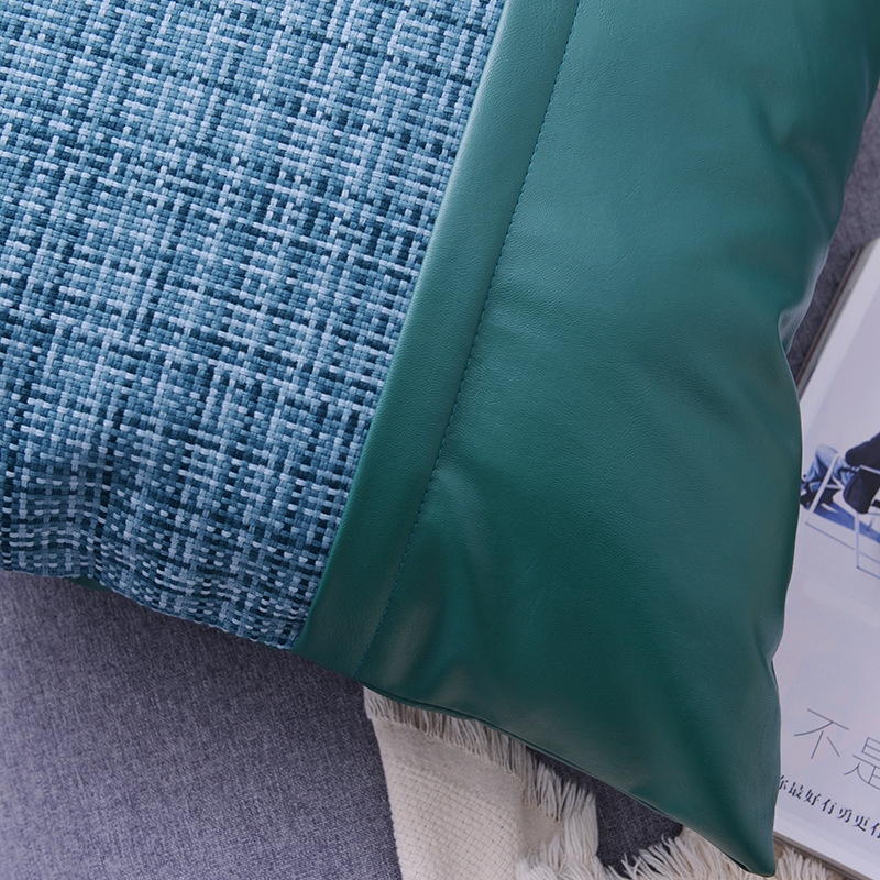 stripe genuine leather pillowcase 100% poly jacquard Fabric And Leather Splice Pillow Covers New Styles