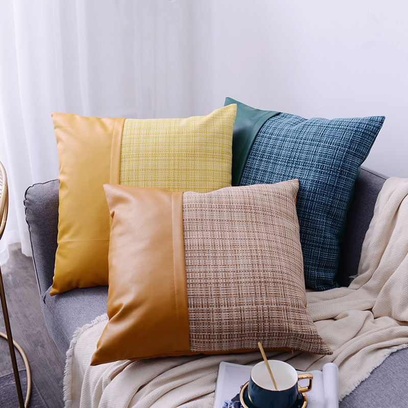 stripe genuine leather pillowcase 100% poly jacquard Fabric And Leather Splice Pillow Covers New Styles