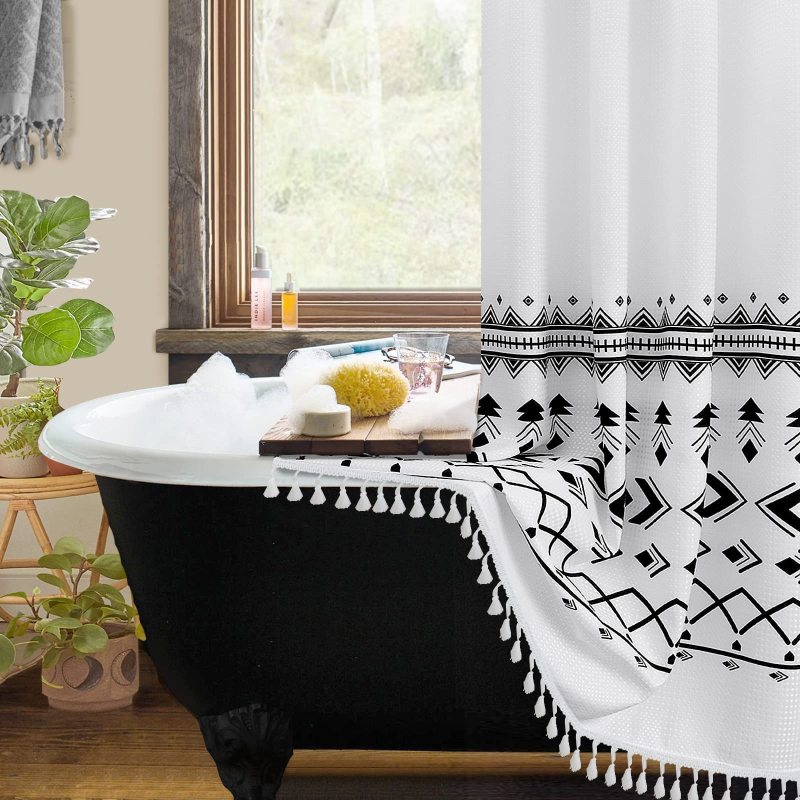 Wholesale Printed Waffle Weave Shower Curtains,  OEM Factory Wholesale Shower Curtains with Tassel$