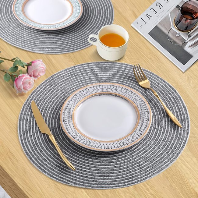 Round Placemats Set of 4 for Dining Table, Woven Heat Resistant Anti-Slid Cotton Kitchen Table Mats 14 Inch, Easy to Care#