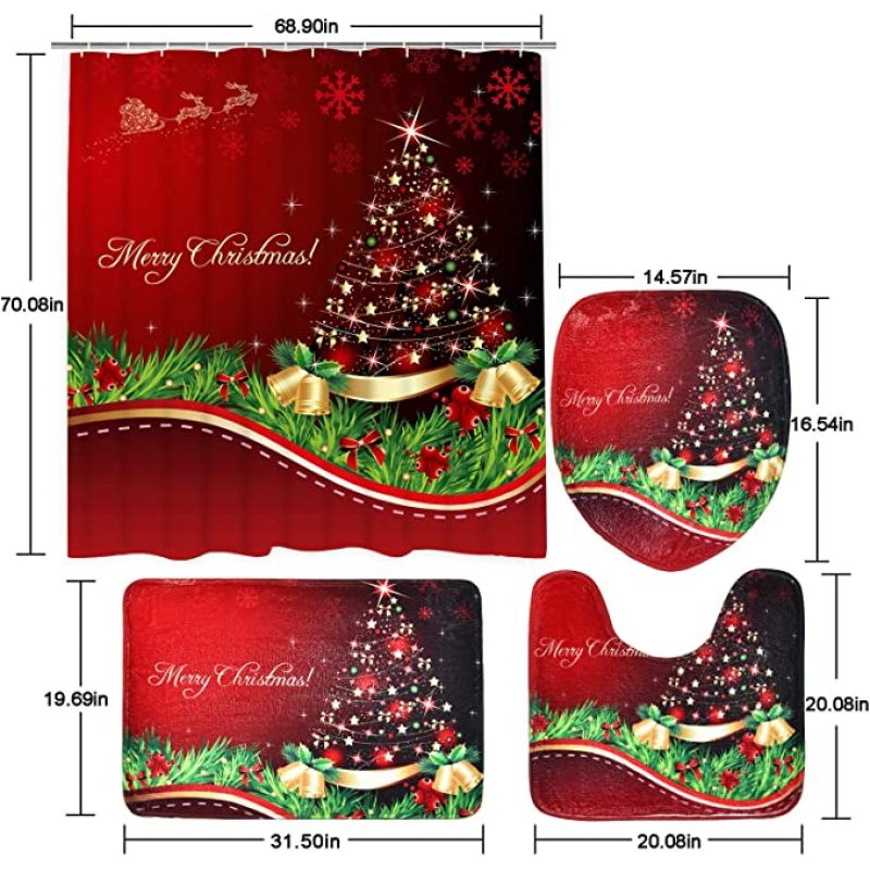 4 Pcs Merry Christmas Shower Curtain Set with Non-Slip Rug, Toilet Lid Cover and Bath Mat, Xmas Christmas Tree Shower Curtain