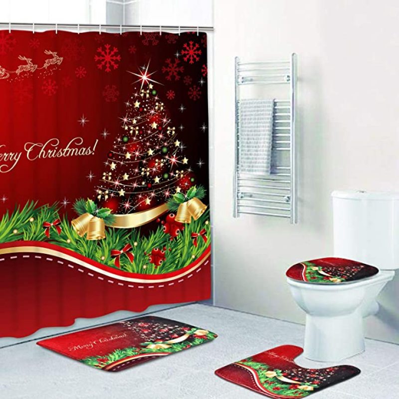 4 Pcs Merry Christmas Shower Curtain Set with Non-Slip Rug, Toilet Lid Cover and Bath Mat, Xmas Christmas Tree Shower Curtain