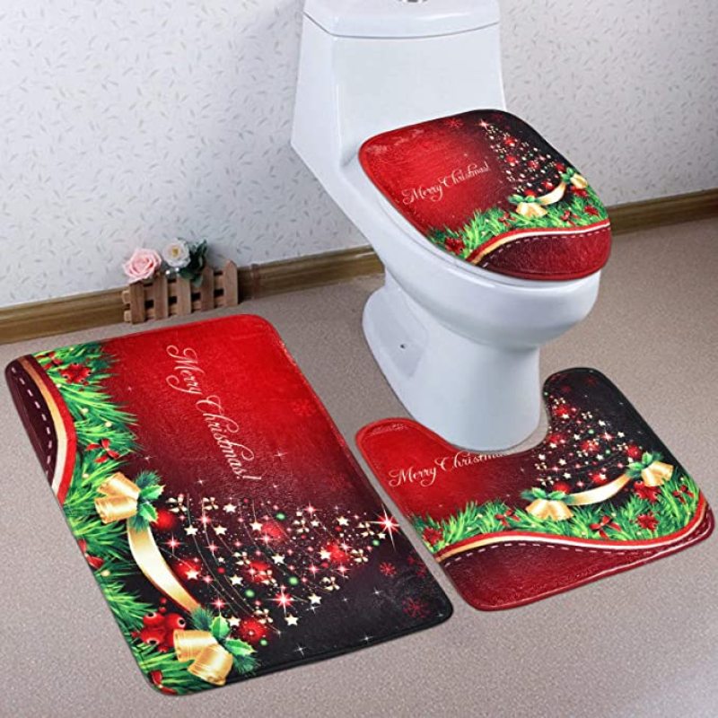 4 Pcs Merry Christmas Shower Curtain Set with Non-Slip Rug, Toilet Lid Cover and Bath Mat, Xmas Christmas Tree Shower Curtain