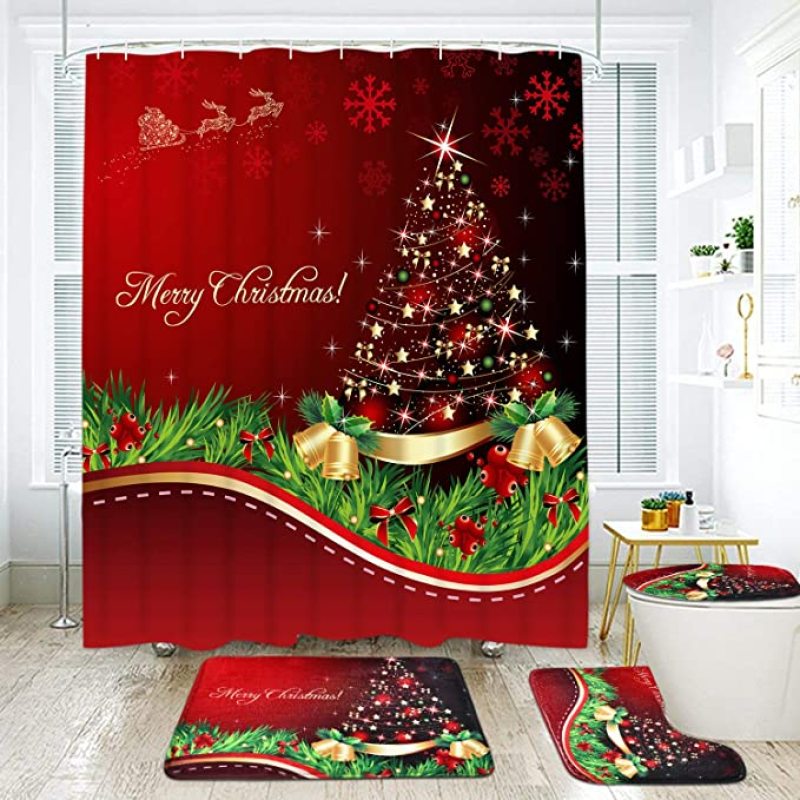 4 Pcs Merry Christmas Shower Curtain Set with Non-Slip Rug, Toilet Lid Cover and Bath Mat, Xmas Christmas Tree Shower Curtain