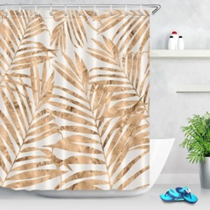 Pretty Yellow Black Gold Long Palm Leaf Shower Curtain Liner Hooks Sets Bathroom Waterproof Fabric/ bathroom curtain
