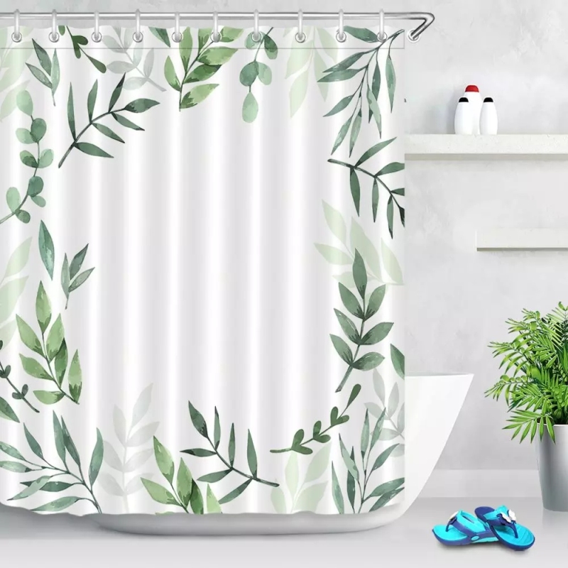 Pretty Yellow Black Gold Long Palm Leaf Shower Curtain Liner Hooks Sets Bathroom Waterproof Fabric/ bathroom curtain
