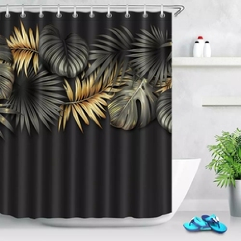 Pretty Yellow Black Gold Long Palm Leaf Shower Curtain Liner Hooks Sets Bathroom Waterproof Fabric/ bathroom curtain