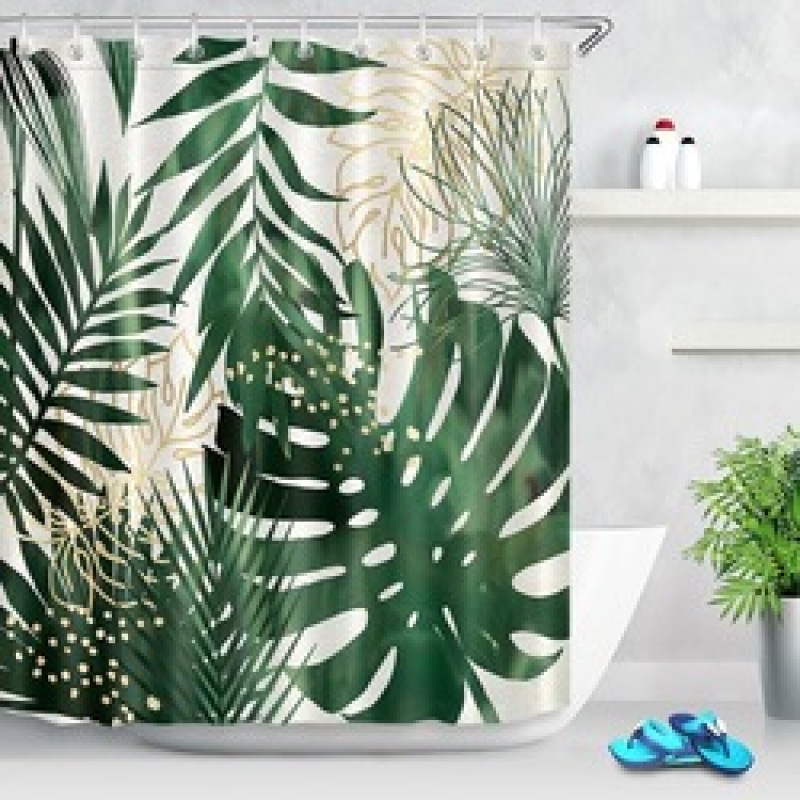 Pretty Yellow Black Gold Long Palm Leaf Shower Curtain Liner Hooks Sets Bathroom Waterproof Fabric/ bathroom curtain