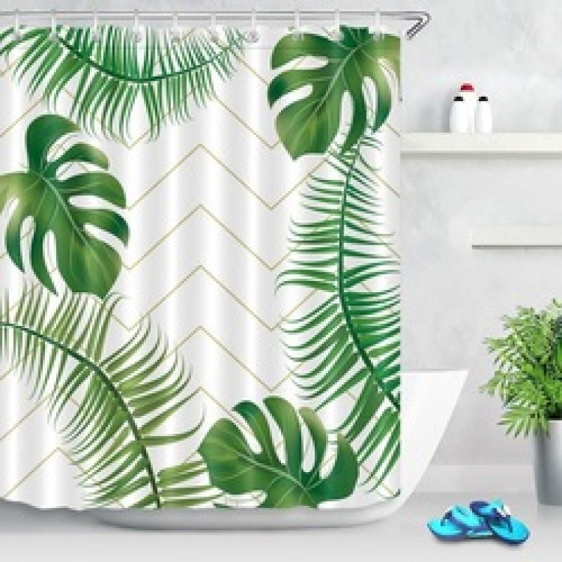 Pretty Yellow Black Gold Long Palm Leaf Shower Curtain Liner Hooks Sets Bathroom Waterproof Fabric/ bathroom curtain