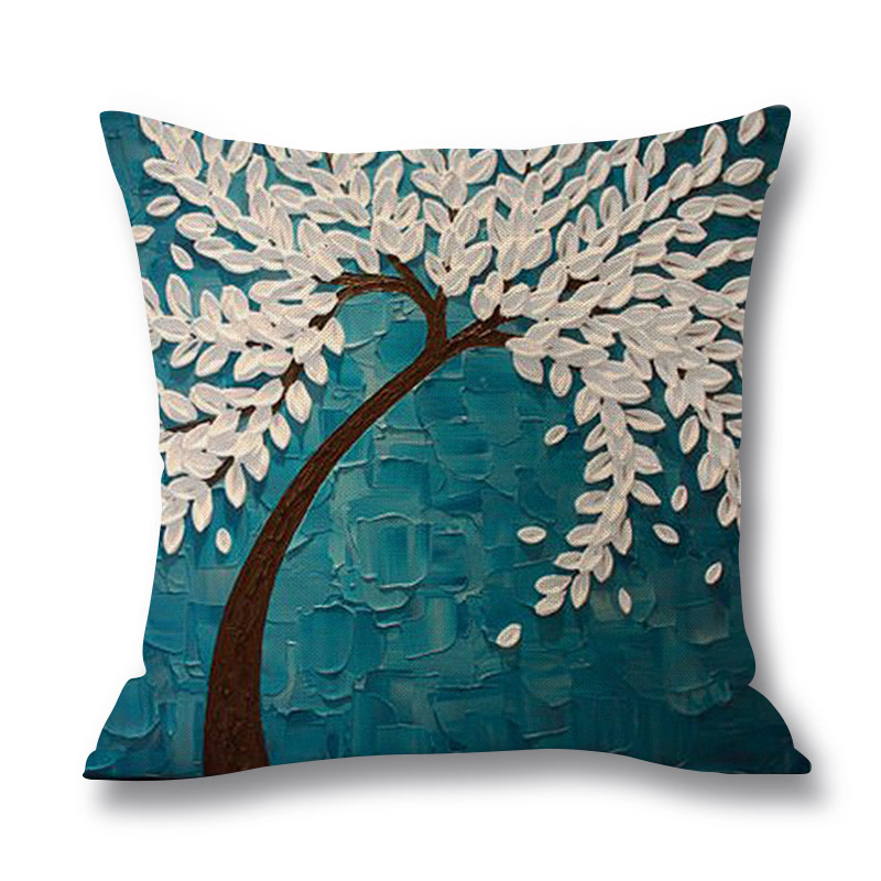 Ins Nordic Wind Oil Painting Tree Printed Flax Square Pillow Cover Sofa Bed, Patio Furniture Throw Pillow Cases/