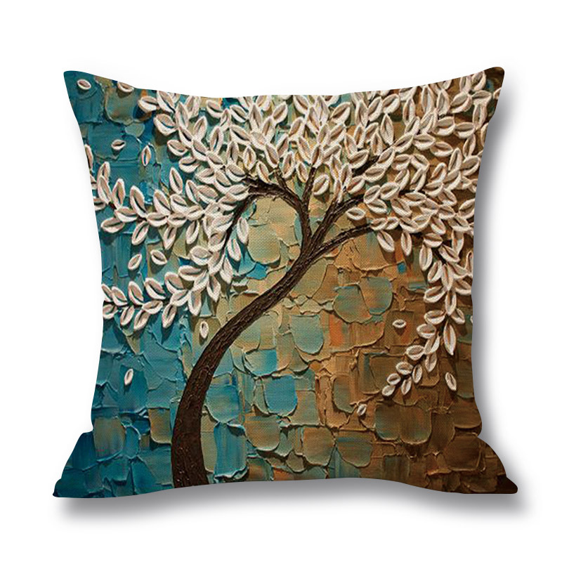Ins Nordic Wind Oil Painting Tree Printed Flax Square Pillow Cover Sofa Bed, Patio Furniture Throw Pillow Cases/