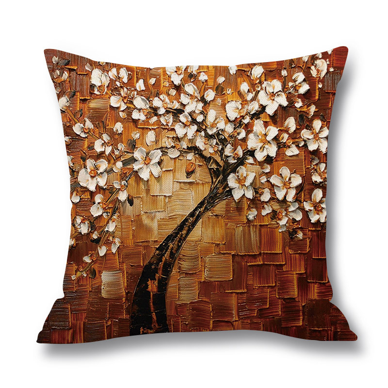 Ins Nordic Wind Oil Painting Tree Printed Flax Square Pillow Cover Sofa Bed, Patio Furniture Throw Pillow Cases/