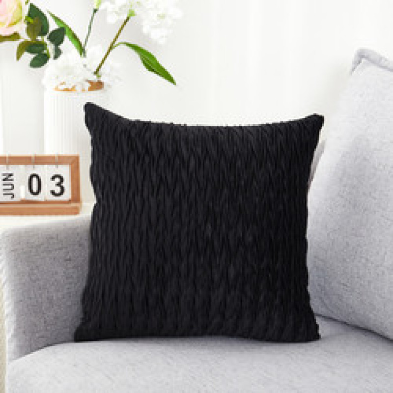 Black Velvet Wave Pleated Solid Color Living Room Throw Cushion Cover, Sofa Pillowcase Cafe Chair Seat Cheap Cushion Cover/