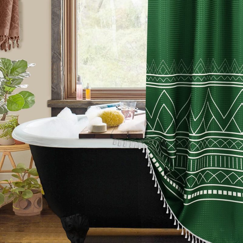 Custom Printing Waffle Weave Shower Curtains,  Factory Wholesale Shower Curtains with Tassel$