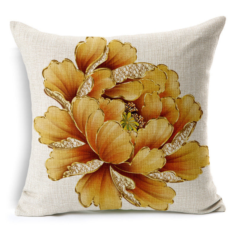 Chinese Style Golden Hand-painted Peony Flower Cushion Cover, Cotton Sofa Cushion Cover/