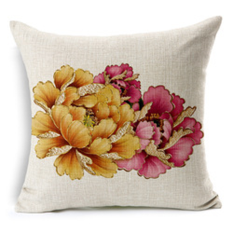 Chinese Style Golden Hand-painted Peony Flower Cushion Cover, Cotton Sofa Cushion Cover/