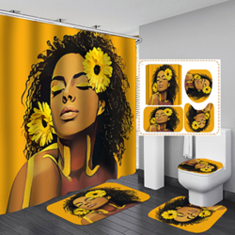 American African Women Waterproof Shower Curtain Cortinas De Bano African Women Bathroom Mat Set With Shower Curtain