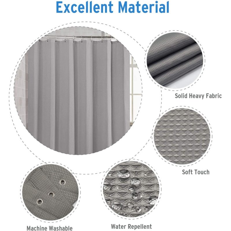 Waffle Hot Selling Heavy Duty Waffle Weave Fabric Snap Liner Hookless Shower Curtain