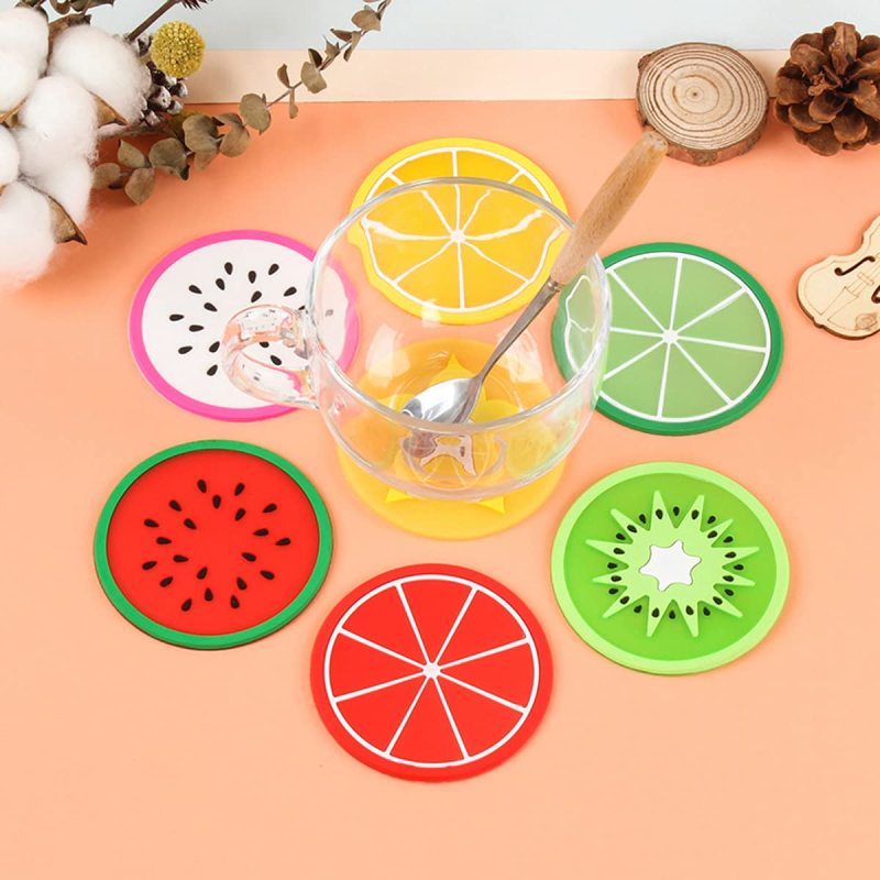 High Quality Pack of 14 Silicone Fruit Decorative Glass Kitchen Non-Slip Coasters for Kitchen Living Room And Bar