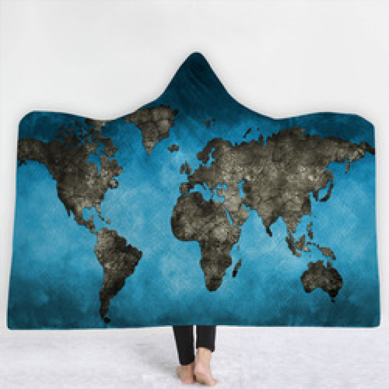 Custom Digital Printed Blanket,Wearable Coral Fleece Fabric World Map Hooded Blanket For Spring Autumn And Winter#