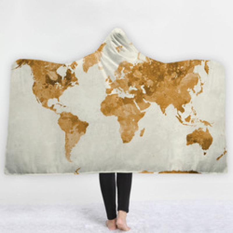 Custom Digital Printed Blanket,Wearable Coral Fleece Fabric World Map Hooded Blanket For Spring Autumn And Winter#