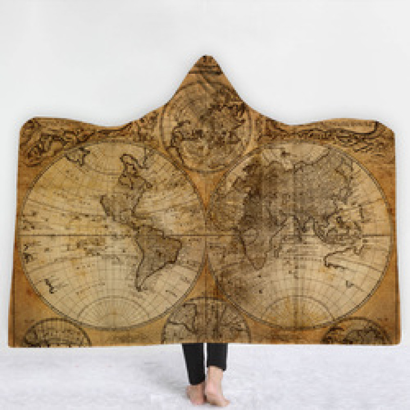 Custom Digital Printed Blanket,Wearable Coral Fleece Fabric World Map Hooded Blanket For Spring Autumn And Winter#
