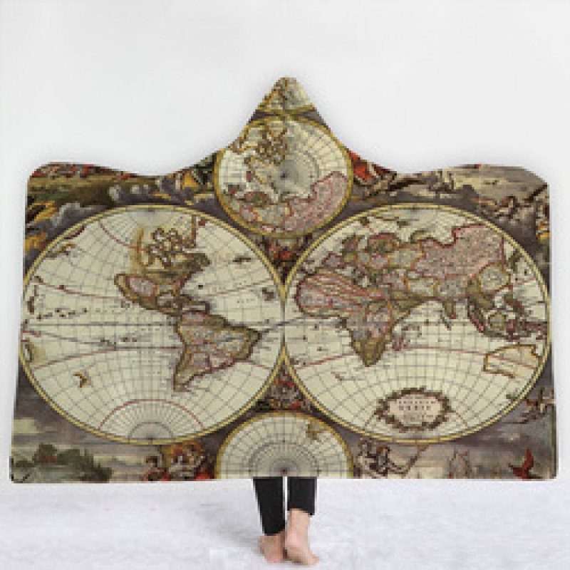 Custom Digital Printed Blanket,Wearable Coral Fleece Fabric World Map Hooded Blanket For Spring Autumn And Winter#