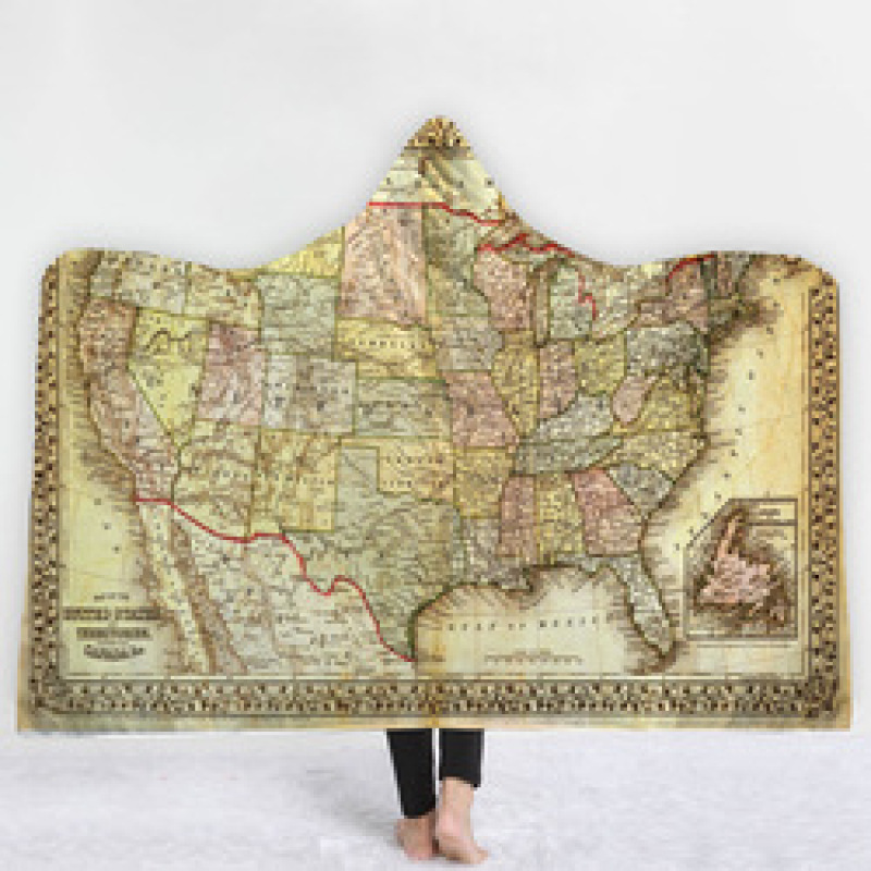 Custom Digital Printed Blanket,Wearable Coral Fleece Fabric World Map Hooded Blanket For Spring Autumn And Winter#
