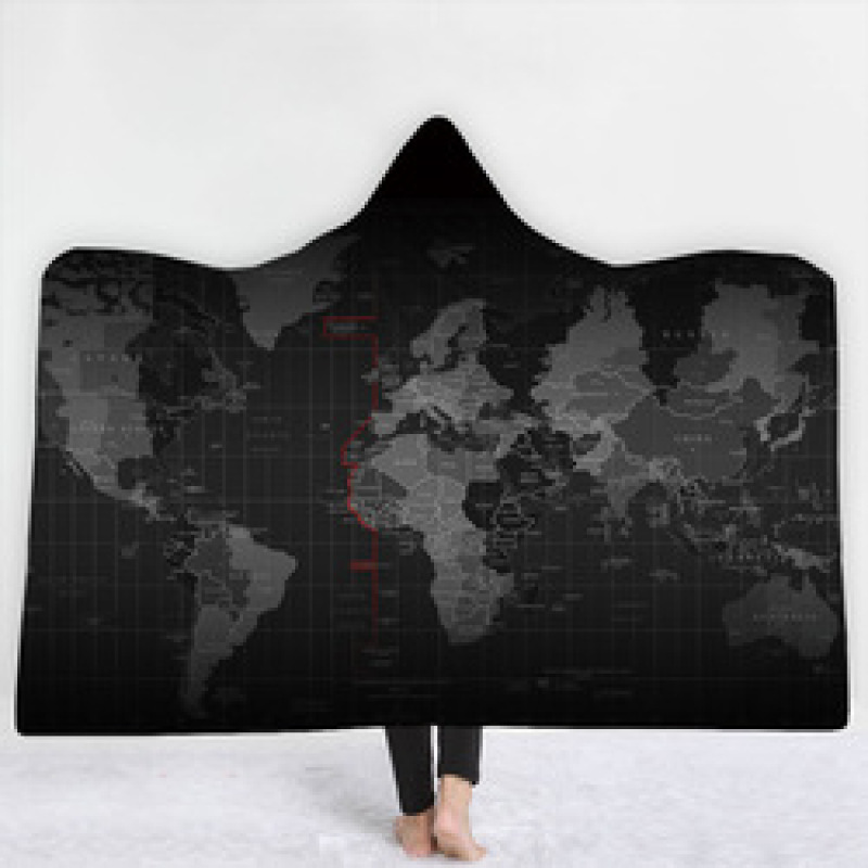 Custom Digital Printed Blanket,Wearable Coral Fleece Fabric World Map Hooded Blanket For Spring Autumn And Winter#