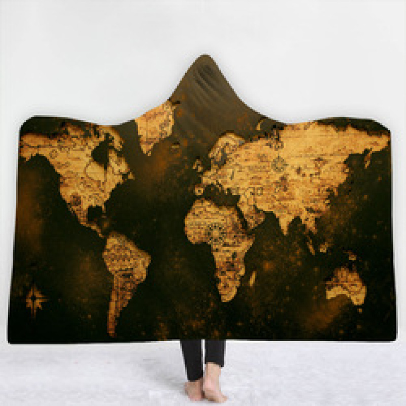 Custom Digital Printed Blanket,Wearable Coral Fleece Fabric World Map Hooded Blanket For Spring Autumn And Winter#