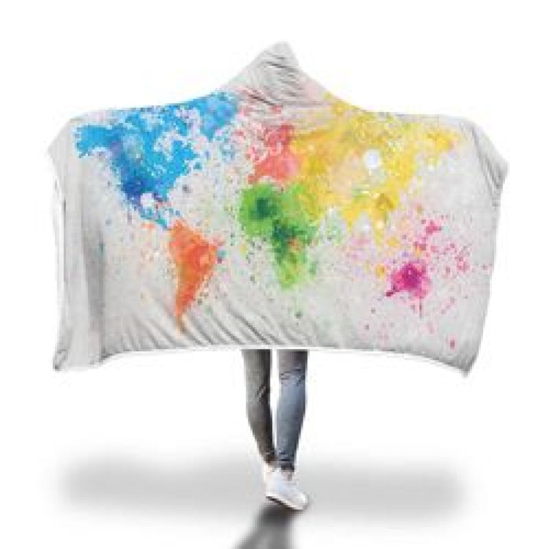 Custom Digital Printed Blanket,Wearable Coral Fleece Fabric World Map Hooded Blanket For Spring Autumn And Winter#