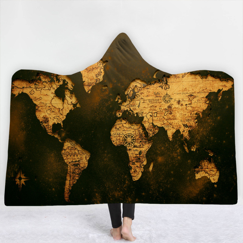 Custom Digital Printed Blanket,Wearable Coral Fleece Fabric World Map Hooded Blanket For Spring Autumn And Winter#
