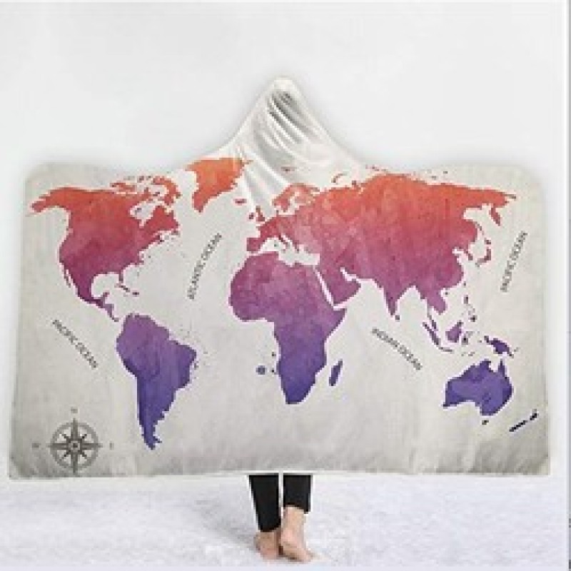 Custom Digital Printed Blanket,Wearable Coral Fleece Fabric World Map Hooded Blanket For Spring Autumn And Winter#