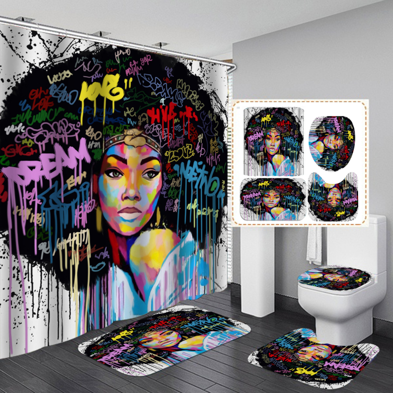 Wholesale African Women Bath Waterproof Shower Curtain, Digital Print Polyester Non-Slip Rug Toilet Lid Cover Shower Curtain/