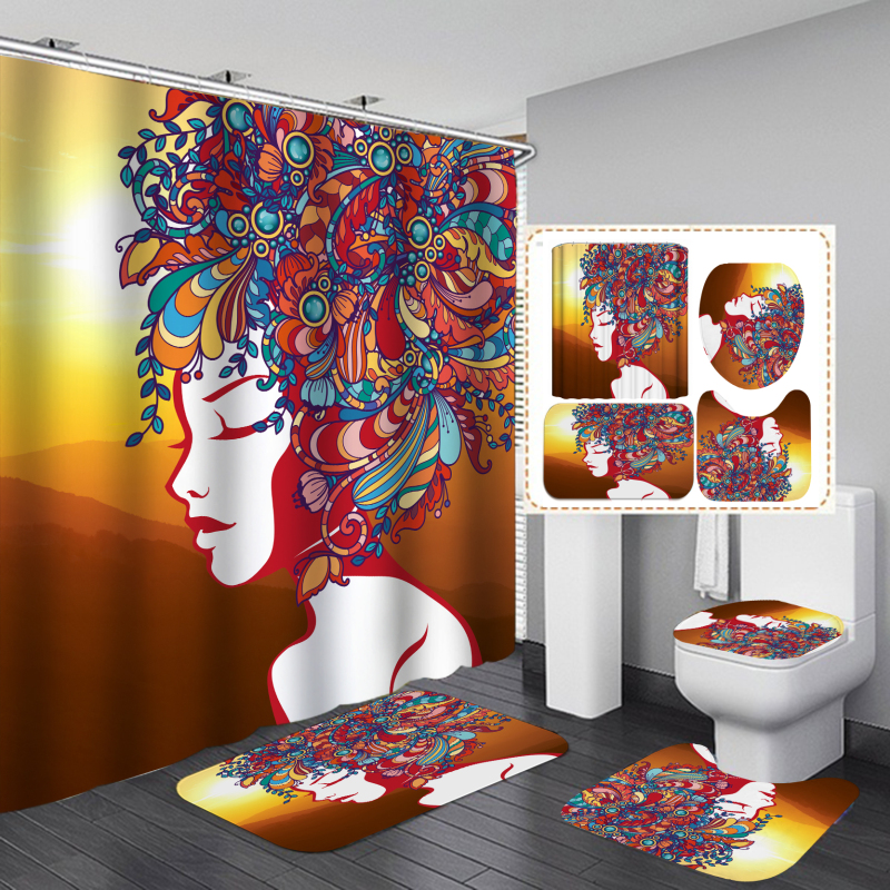 Wholesale African Women Bath Waterproof Shower Curtain, Digital Print Polyester Non-Slip Rug Toilet Lid Cover Shower Curtain/
