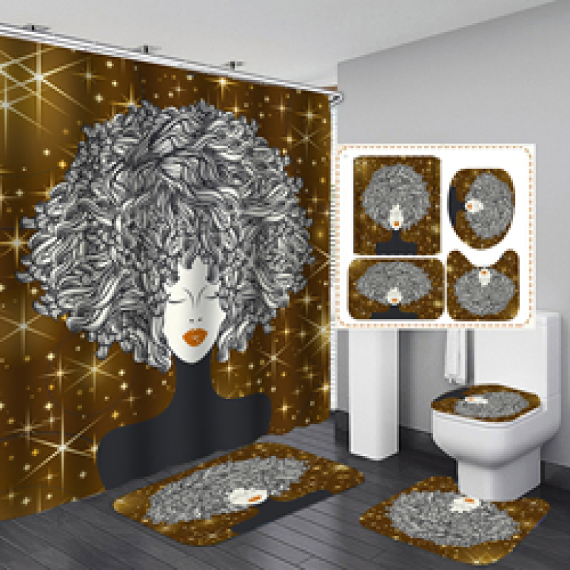 Wholesale African Women Bath Waterproof Shower Curtain, Digital Print Polyester Non-Slip Rug Toilet Lid Cover Shower Curtain/