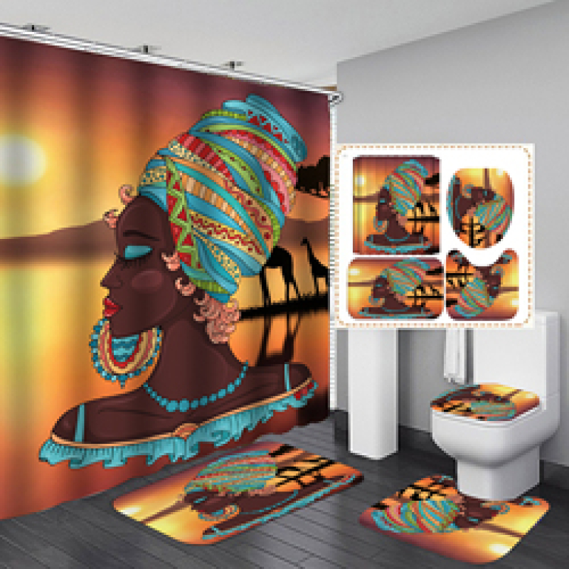 Wholesale African Women Bath Waterproof Shower Curtain, Digital Print Polyester Non-Slip Rug Toilet Lid Cover Shower Curtain/