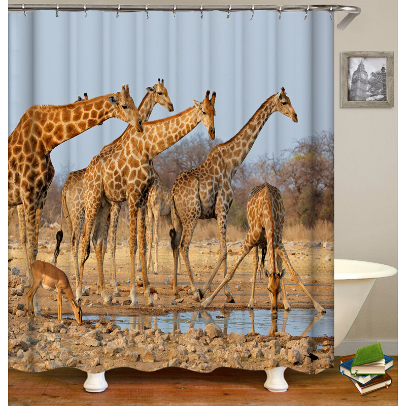 Polyester Custom Made Hotel Bathroom Decoration Washable 3D Digital Printing Giraffe Shower Curtain With Hooks