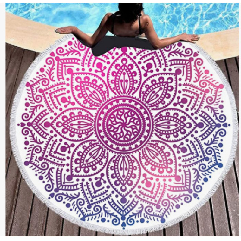 Custom Bohomia Beach Towel On Beach, OEM Round Personalized Beach Towel With Tassel#