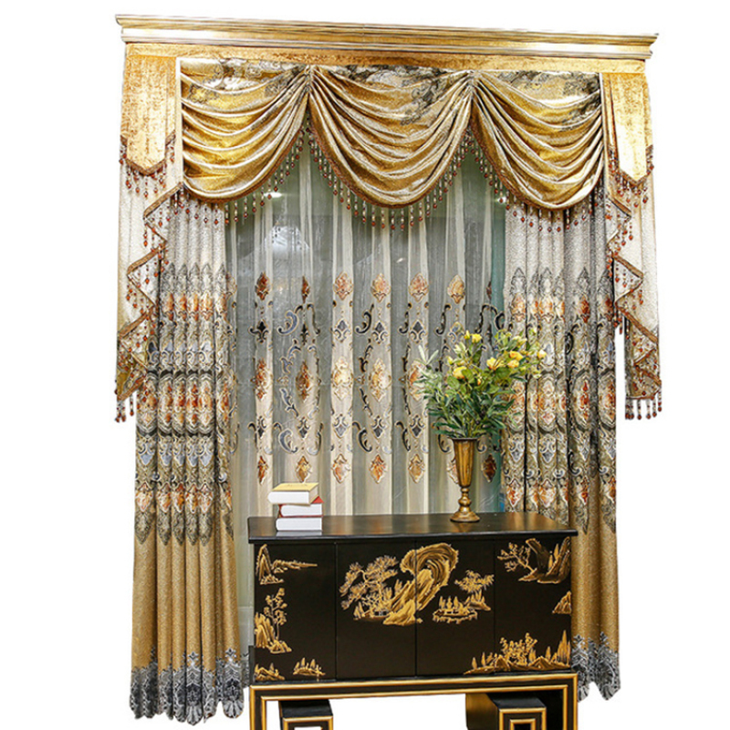 Embroidery Curtain,Luxury Curtains With Attached Valance/