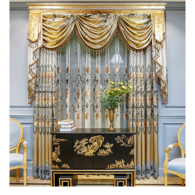 Embroidery Curtain,Luxury Curtains With Attached Valance/