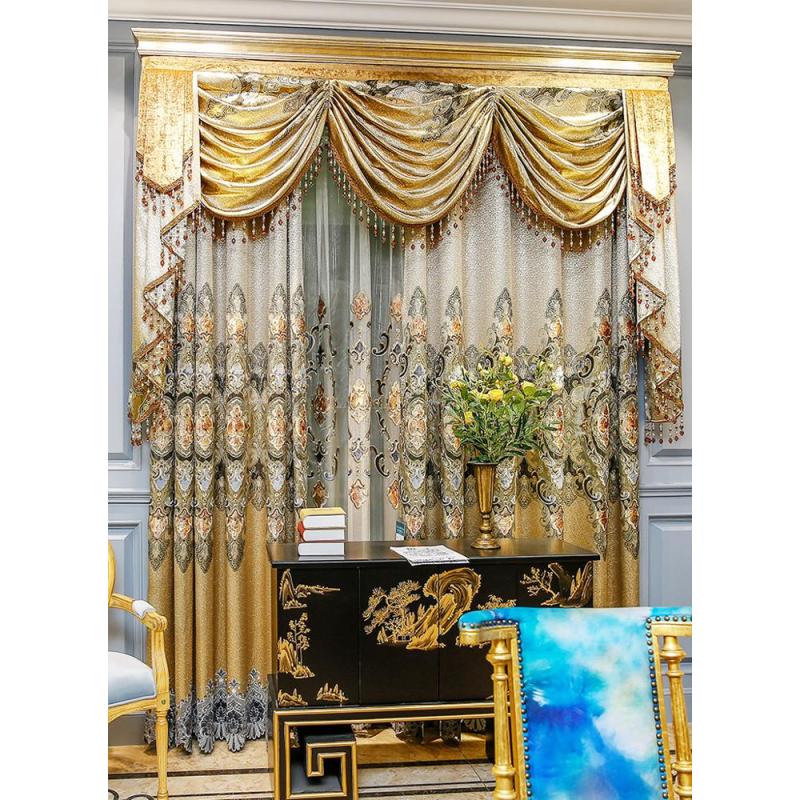 Embroidery Curtain,Luxury Curtains With Attached Valance/