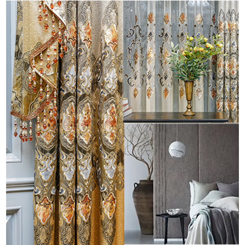 Embroidery Curtain,Luxury Curtains With Attached Valance/