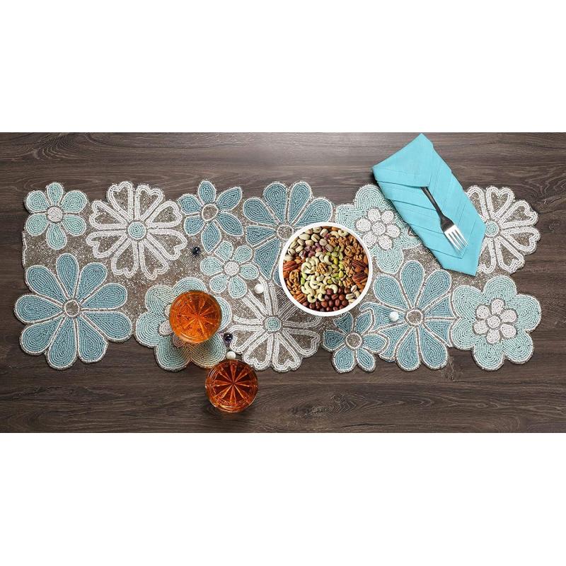 14 x 36 Inches Handcrafted Beaded Hand Embroidered Table Runner, Beads and Satin Back Placemat for Table#