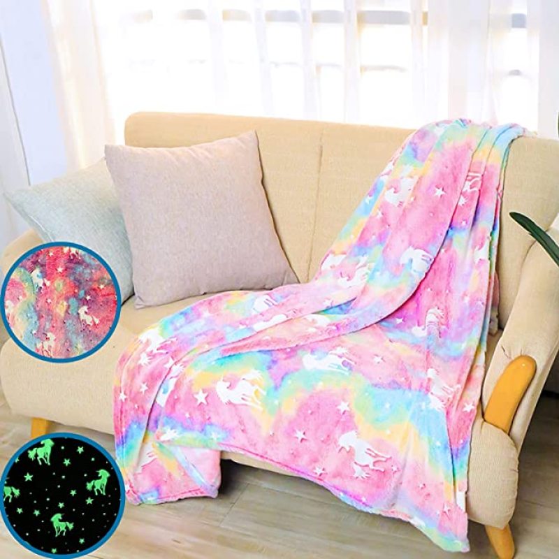 Glow in Dark Throw Blanket Luminous Unicorns Blanket for Girls Cozy Fleece Soft Plush Kids Flannel Blanket Rainbow Unicorns