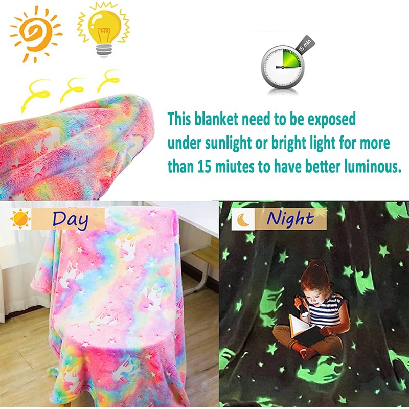 Glow in Dark Throw Blanket Luminous Unicorns Blanket for Girls Cozy Fleece Soft Plush Kids Flannel Blanket Rainbow Unicorns
