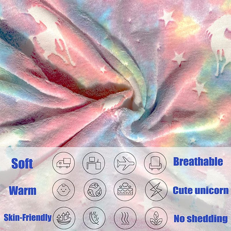 Glow in Dark Throw Blanket Luminous Unicorns Blanket for Girls Cozy Fleece Soft Plush Kids Flannel Blanket Rainbow Unicorns