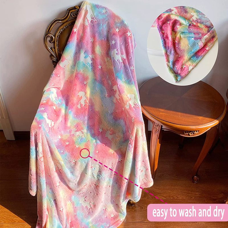 Glow in Dark Throw Blanket Luminous Unicorns Blanket for Girls Cozy Fleece Soft Plush Kids Flannel Blanket Rainbow Unicorns